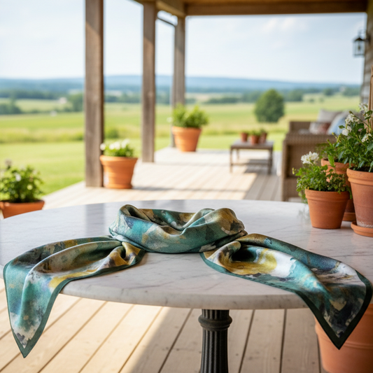 Silk foulard scarf featuring a stunning green and gold floral print