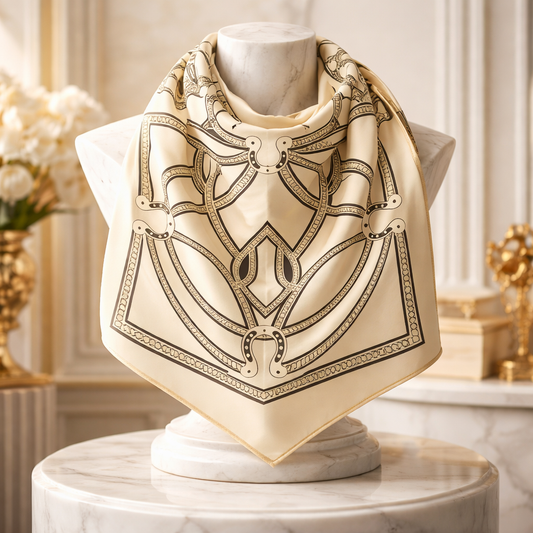 Luxury Silk Foulard Scarf Equestrian Cream – Elegant Designer Silk Scarf