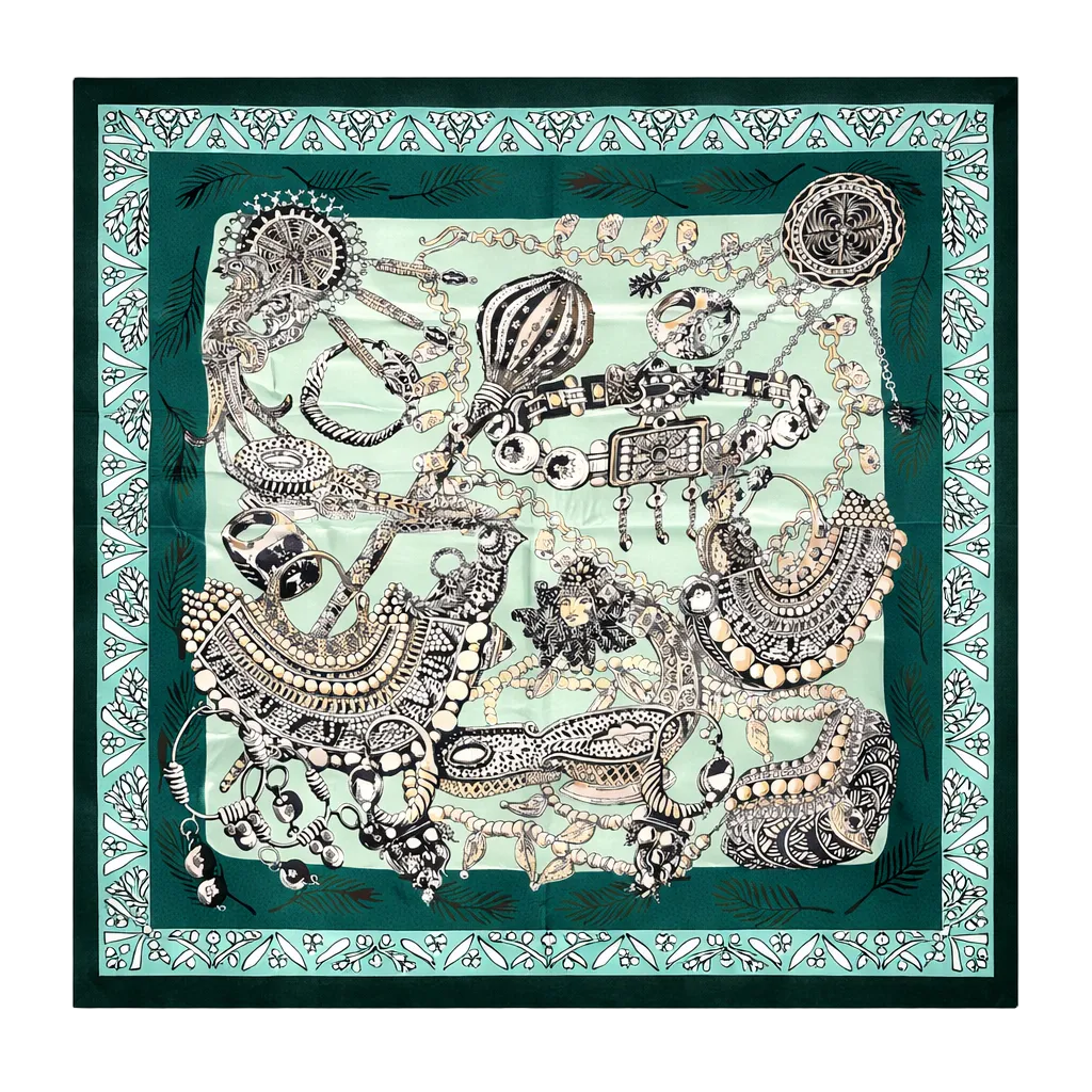 Luxury Silk Foulard Scarf in Ornate Jewellery Pattern – Elegant Designer Silk Scarf