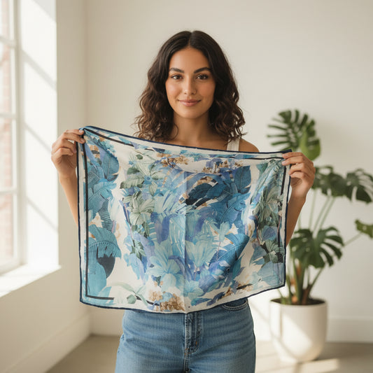 Luxury Silk Foulard Scarf with Blue Tropical Floral Print – Elegant Designer Silk Scarf