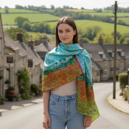 Silk scarf featuring a beautiful poppy field print