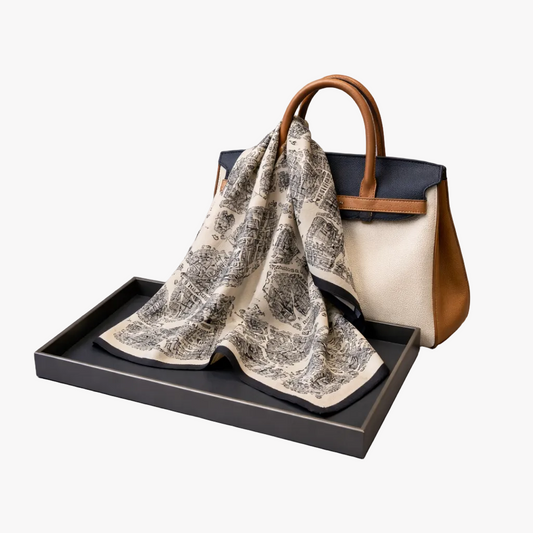 Silk foulard scarf with vibrant colors and unique designs in grey