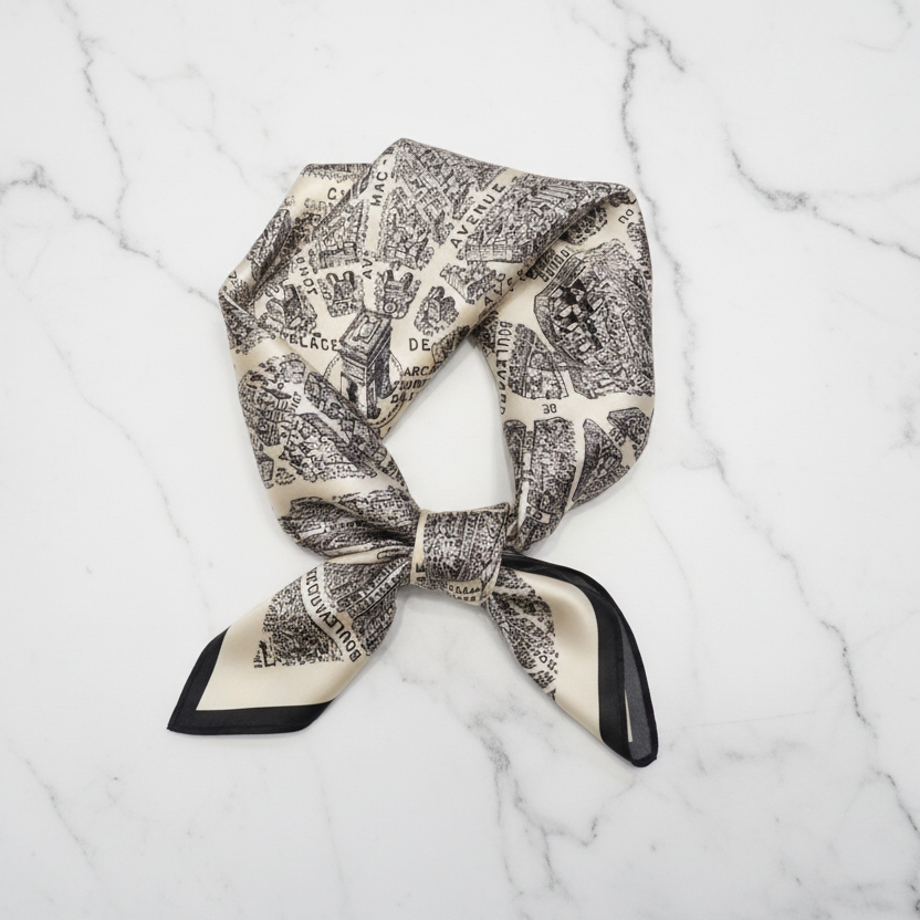 Silk foulard scarf with vibrant colors and unique designs in grey