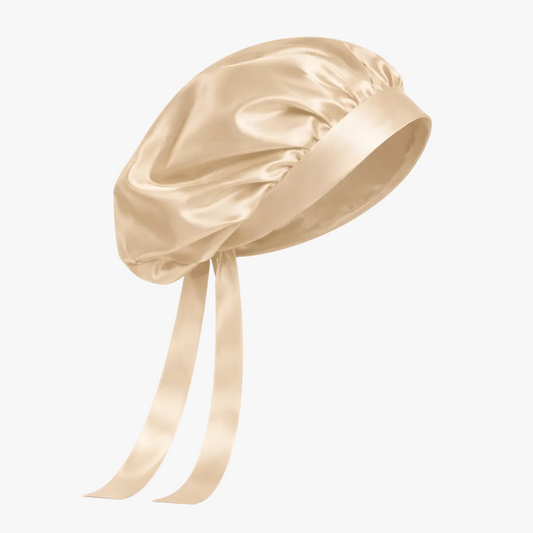 Silk sleeping cap with extra-long ribbons in beige