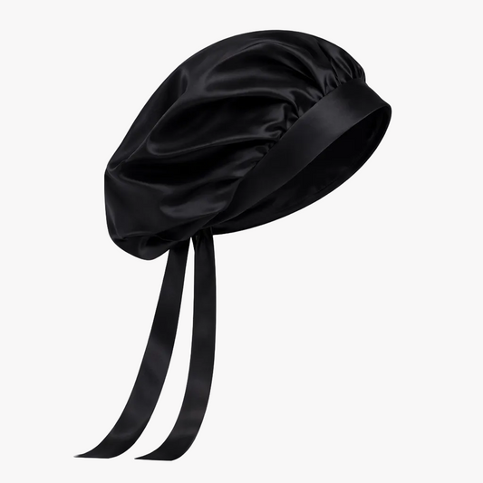Silk sleeping cap with extra-long ribbons in balck