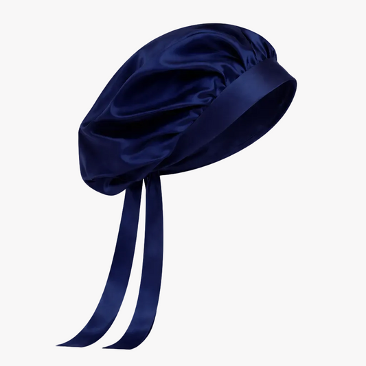 Silk sleeping cap with extra-long ribbons in navy