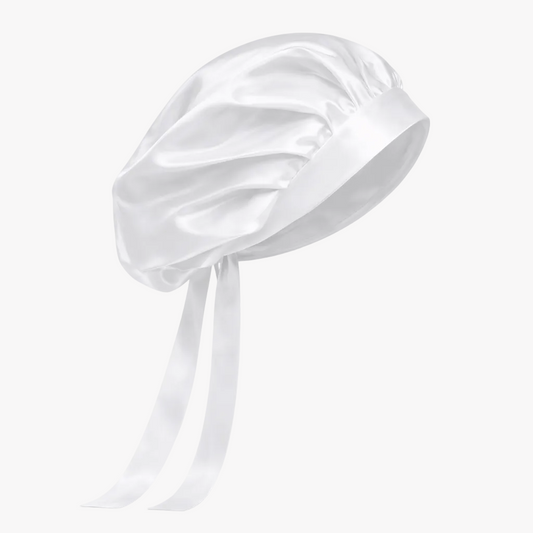 Silk sleeping cap with extra-long ribbons in white