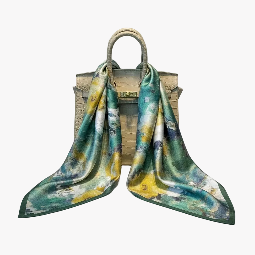 Silk foulard scarf featuring a stunning green and gold floral print