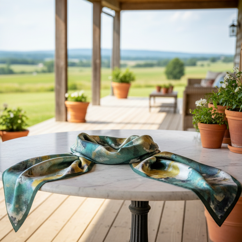 Silk foulard scarf featuring a stunning green and gold floral print