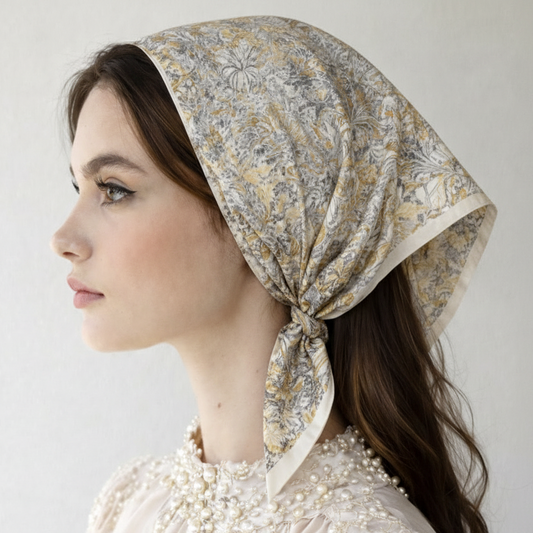 Luxury Silk Foulard Scarf in Cream with Garden Pattern – Elegant Designer Silk Scarf