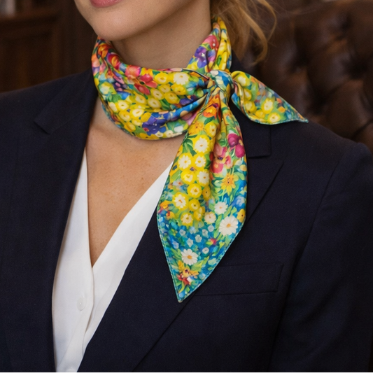 Finissimo Hand-Rolled Edges Silk Bandana – Vibrant Floral on Neutral Ground